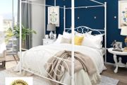 Double Canopy Bed Frame with Vintage Headboard &amp; Footboard, White 135x190cm Double Canopy Bed Frame, 4ft6 Heavy Duty Metal Bed, Heart Scroll Headboard &amp; Footboard, Steel Slats for Bedrooms