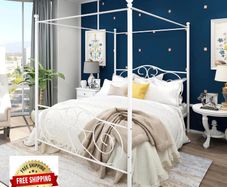 Double Canopy Bed Frame with Vintage Headboard & Footboard, White 135x190cm Double Canopy Bed Frame, 4ft6 Heavy Duty Metal Bed, Heart Scroll Headboard & Footboard, Steel Slats for Bedrooms
