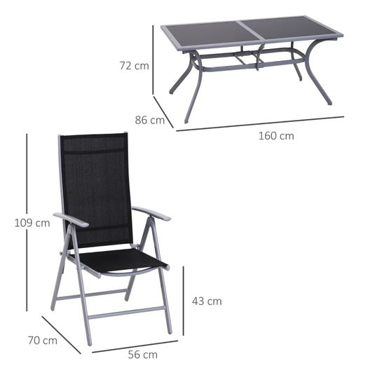 Outdoor Patio Garden Texteline Dining Furniture Set with 6 Folding Chairs Plus Table - Black (7-Piece)