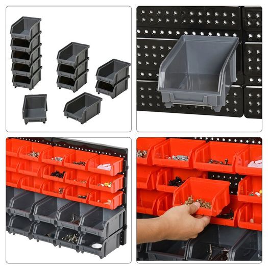 Wall Mounted Storage Bin Rack Tool Organizer with 30 Bins, Pegboard for Garage Workshops Red