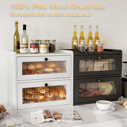 Brand New Wooden Bread Box 2-Tier Ventilated Storage Container