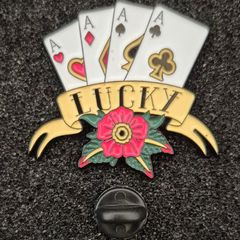 Lucky aces. Poker, pin back badge.