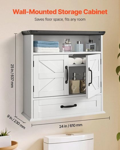 White Bathroom Wall Cabinet with 2 Doors, Adjustable Shelf, Drawer & Open Storage Compartment, Over-Toilet Hanging Organizer