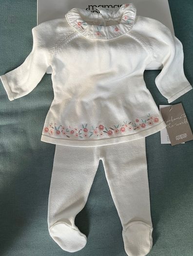 Mamas and Papas Baby Girl 2 Piece Fine Knitted Set Cream Embroidered Flowers  0-3mths BNWT