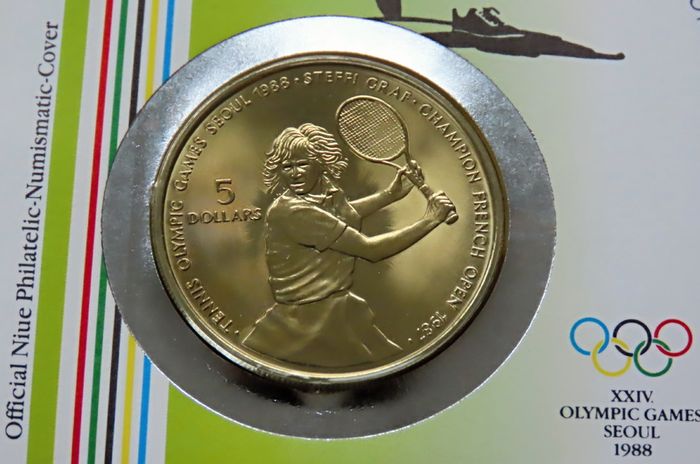 Steffi Graf 5 Dollars Tennis 1987 BUNC coin & stamp cover
