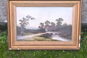 Antique 19thC Original Oil Painting on board Rural Mill &amp; Stone Bridge