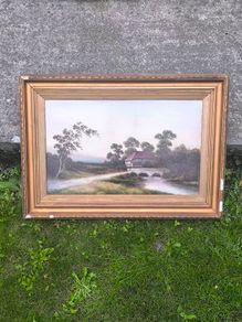 Antique 19thC Original Oil Painting on board Rural Mill & Stone Bridge