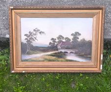Antique 19thC Original Oil Painting on board Rural Mill & Stone Bridge