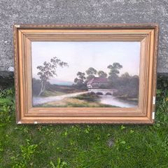 Antique 19thC Original Oil Painting on board Rural Mill & Stone Bridge