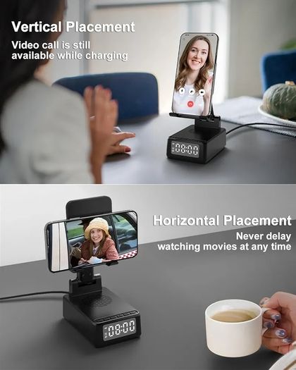 Birthday Gifts for Men Women, Bluetooth Speaker with Wireless Charger & Phone Stand, Gifts for Him, Foldable Angle & Height Stand with Alarm Clock, Ideal for Dad Mom, Tech Gadget Stocking Fillers