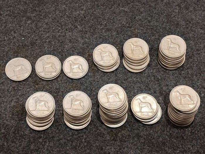 LOT of 65 Irish Sixpences 1952 to 1968 Wolfhound incl 1952 1958 1953 Bulk