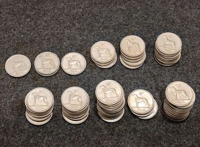 LOT of 65 Irish Sixpences 1952 to 1968 Wolfhound incl 1952 1958 1953 Bulk