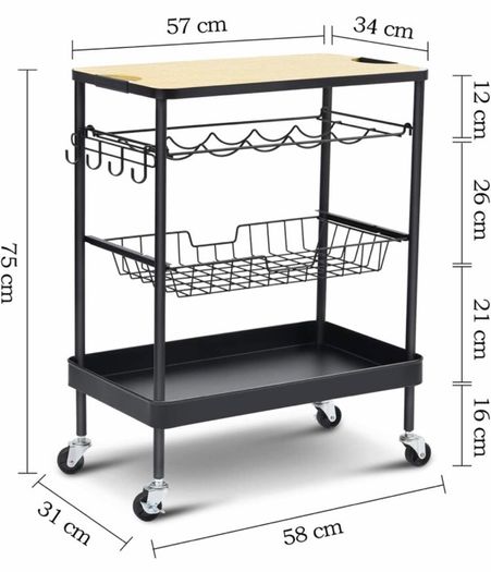 Kitchen Island Storage Trolley with Wine Rack,Serving Trolleys with Utility Wood Tabletop,4-Tier Rolling Cart with Basket Drawer Lockable Casters for Home,Dining Room,Restaurant,Hotel (FREE POSTAGE)