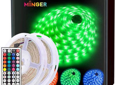 MINGER LED Strip Lights 10m, RGB Colour Changing LED Lights Kit with IR Remote, 20 Colours, 6 Lighting Modes and DIY for Home, Bedroom, Bar Decoration [Energy Class A]