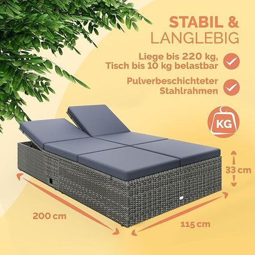 Double Sun lounger with table attached Sun Lounger for 2 People with Folding Table Garden Lounger 7 cm Cushions Weatherproof 400 kg Load Capacity Recliner Adjustable