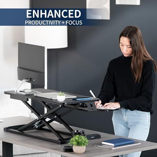 Standing 81 cm Desk Converter, Height Adjustable Riser, Sit to Stand Dual Monitor and Laptop Workstation with Wide Keyboard Tray, Black
