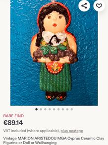 Vintage MARION ARISTEDOU MGA Cyprus Ceramic Clay Figurine or Doll or Wallhanging
