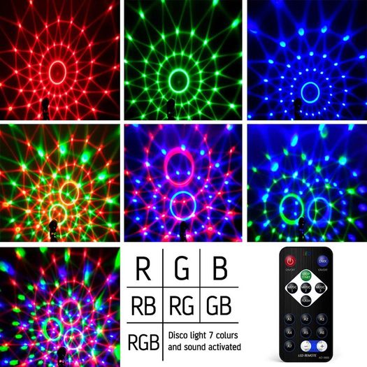Disco Lights, Gvoo Sound Activated DJ Party Lights Rotating Ball Lights 5W 7 Modes RGB LED Stage Lights with Remote Control for Home Holidays Dance Parties Birthday and Christmas