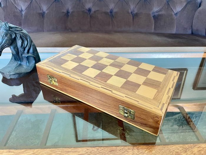 Vintage Marquetry Inlaid Folding Wooden Chess Board Chess Pieces Dice and Counters