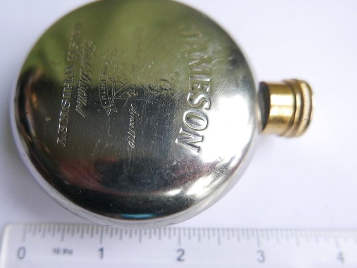 Vintage Jameson  Whiskey Hip Flask Round Flask, Pewter, brass- Screw Top