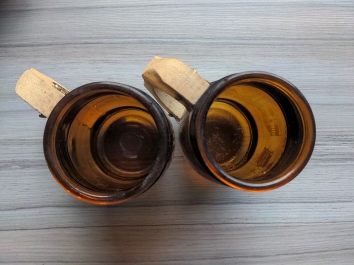 IRELAND good luck good health brown glass mugs with wooden handles