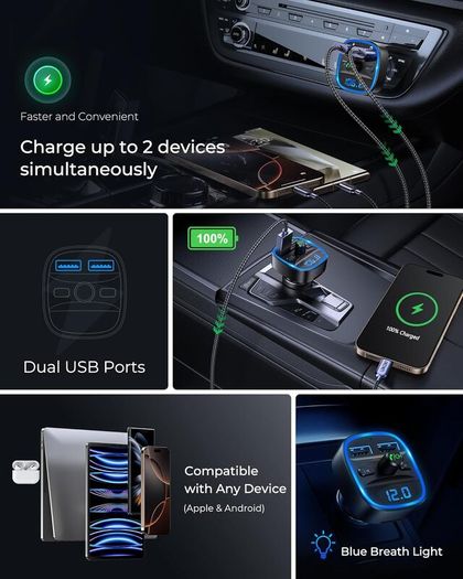 FM Transmitter, Bluetooth Wireless Radio Adapter Car Kit with 2 USB Ports Car Charger MP3 Player Support TF Card & Disk