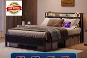 King Size Bed Frame with Storage,LED Lights,5ft Metal Bed Frame Kingsize Bed Frame with Charging Station,Mattress Foundation,Strong Steel Slats Support,Noise Free,Black
