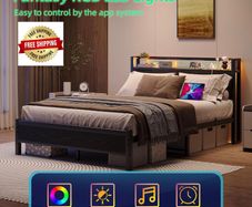 King Size Bed Frame with Storage,LED Lights,5ft Metal Bed Frame Kingsize Bed Frame with Charging Station,Mattress Foundation,Strong Steel Slats Support,Noise Free,Black
