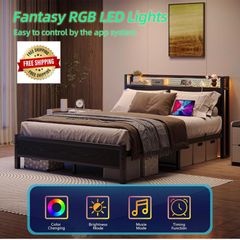 King Size Bed Frame with Storage,LED Lights,5ft Metal Bed Frame Kingsize Bed Frame with Charging Station,Mattress Foundation,Strong Steel Slats Support,Noise Free,Black