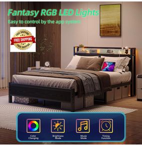 King Size Bed Frame with Storage,LED Lights,5ft Metal Bed Frame Kingsize Bed Frame with Charging Station,Mattress Foundation,Strong Steel Slats Support,Noise Free,Black