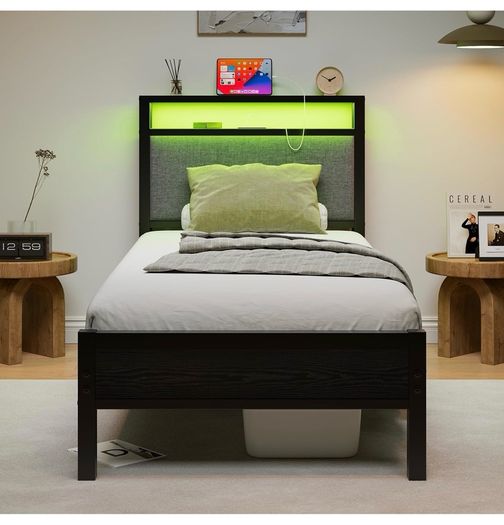 3FT Single Bed Frame with LED Lights and Charging Station, Heavy