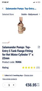 Salamander Pumps  Top-Entry S Tank Flange Fitting for Hot Water Cylinder 1" x 22mm