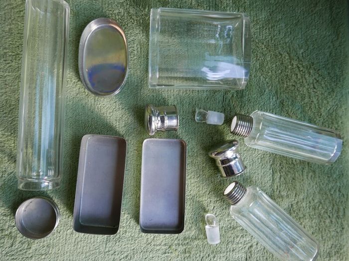 Antique Edwardian 1800s Set 5  Apothecary Bottles Ground-Glass Stoppers, Glass Vanity Pin Bottles Jars