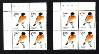 2002-04 Ireland Tenth Definitive Stamp Series Birds 7c Stonechat Plate Block 1A1A1A1A & 1B1B1B1B Mint Never Hinged (MNH)