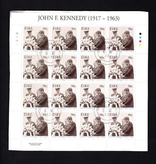 2013 Ireland 50th Death Anniversary of John F Kennedy (JFK) Commemorative Stamps Sheetlet Plate 1A1A1A1A Fine Used with Dublin cancel of 6th June 2013 (First day of issued) on envelope extract.