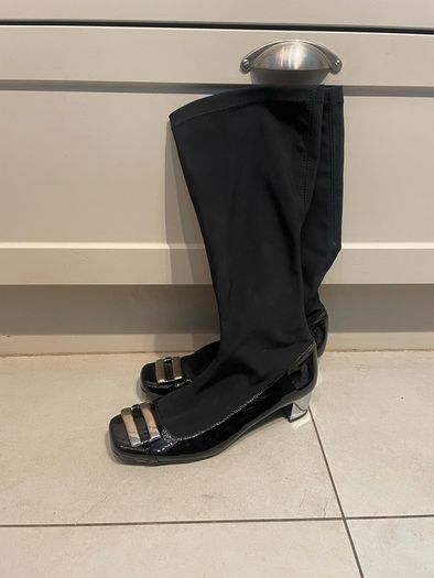 black stretch material boots with patent leather toe low chrome silver metal heel by Ras
