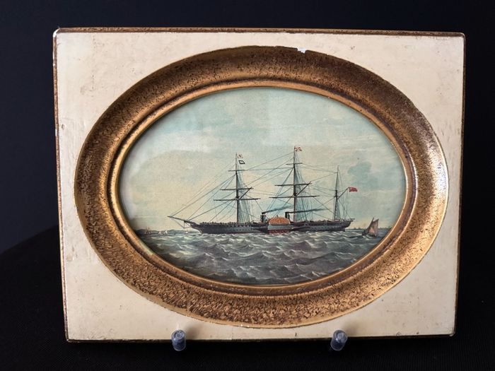 Antique Framed Maritime Print - Victorian Paddle Steamer Ship (23 x 18 cm)