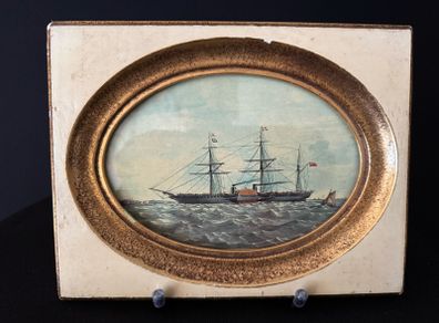 Antique Framed Maritime Print - Victorian Paddle Steamer Ship (23 x 18 cm)