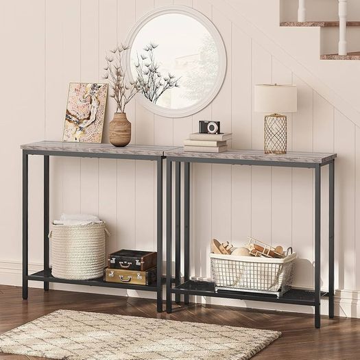 Console Table, Slim for Hallway, Entryway with 2 Shelves, Industrial Display Sofa for Living Room, Bedroom, Greige and Black