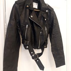 Bershka Cropped Faux Leather Biker Blazer Jacket in Black