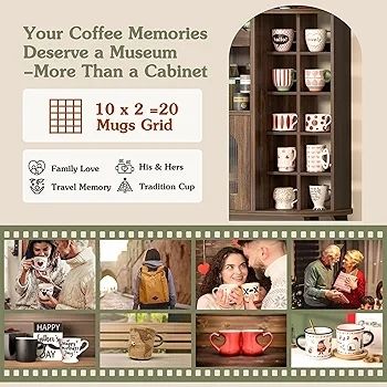 Kitchen Storage Cupboard with Mug Holder Display, Kitchen Sideboard with Drawers & Double Doors, Pantry Cabinet Unit Perfect for Coffee Station, Living Room Buffet & Home Drinks Bar  Brown