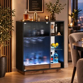 LED Bar Cabinet with Fluted Glass Doors 88cm Drinks & Wine Storage Sideboard