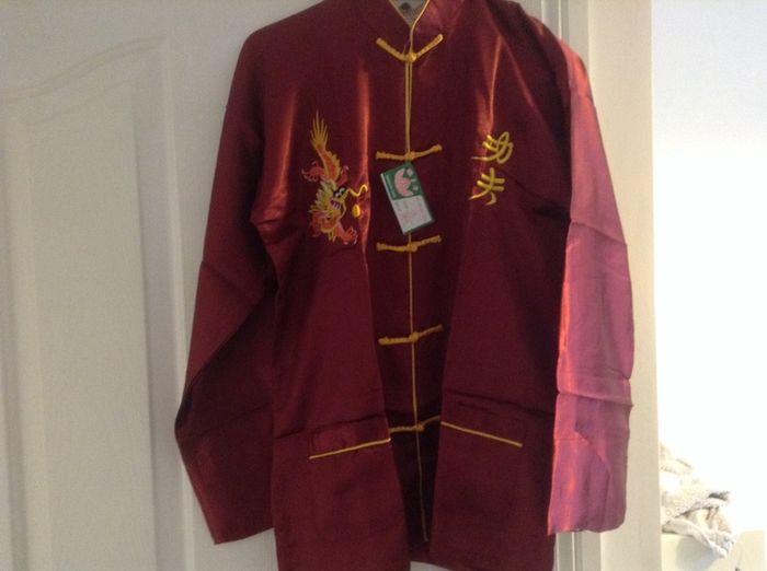 A full set of dark ruby red Chinese Kung Fu Costume with matching black shoes, with tag for boys.