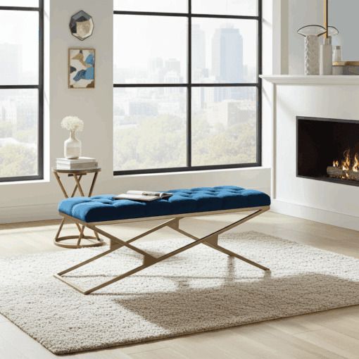 Metal frame bench with velvet seat