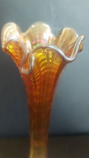 Fabulous Pair of Antique/Vintage Imperial Glass Company Carnival Glass Ripple Swung Vases in the Ombre Marigold Opalescent Colourway, Circa 1907 -1930, Priced as a Pair