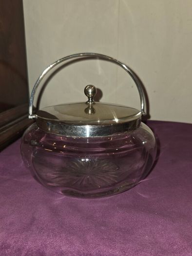 Antique Crystal Cut Glass Biscuit barrel with silver lid