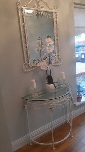 White Wrought console table and mirror set