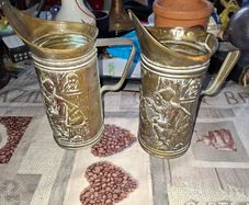 Beautiful Old Peerage Embossed Brass Pitchers featuring Pub Tavern Scenes, likely made in England, Postage Available, Price is for the 2,