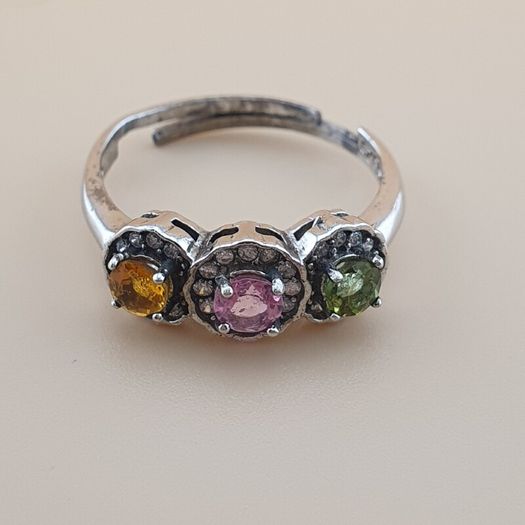 Vintage 925 Sterling Silver Multi-Stone Tourmaline Adjustable Ring