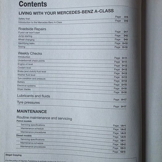 Mercedes Benz A140 A160 A170 A190 A210 Petrol Diesel '98-'04 Repair Manual